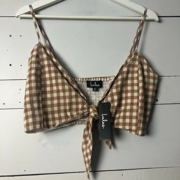 NWT Lulu’s Midday Muse White and Brown Gingham Tie-Front Crop Top Size Medium - Picture 7 of 8